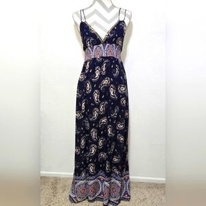 Ganji LA Blue Boho Maxi Dress with Paisley Print and Spaghetti Straps Size Large